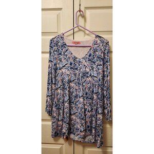 Women Simply Southern Blue V Neck Leaf Baby Doll Swing Dress Size M